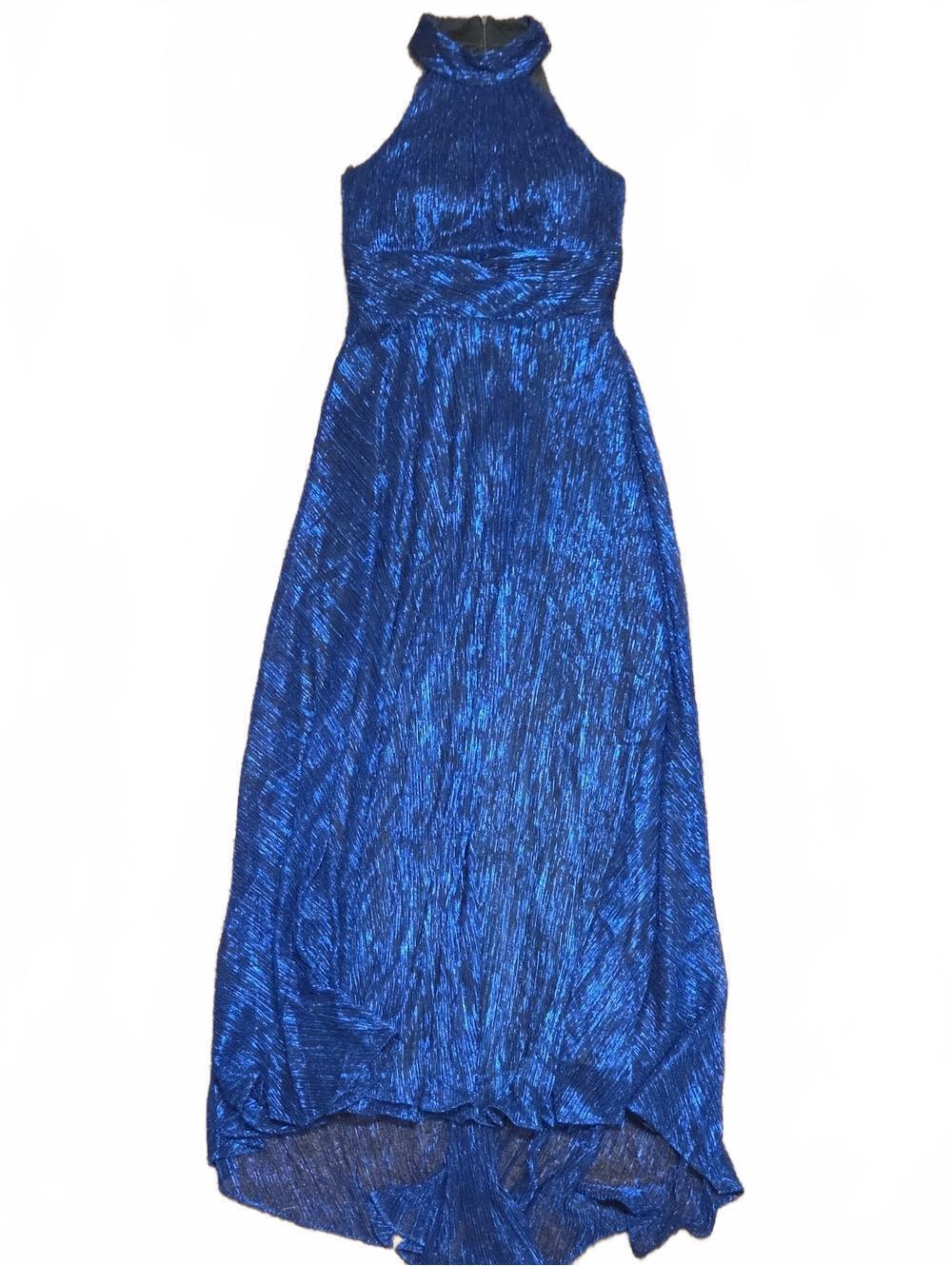 Betsy & Adam | Shimmering Royal Blue High-Low Halter Gown | 8